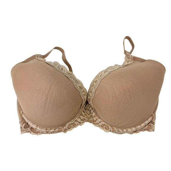 Natori Tan Beige Lace Mesh Adjustable Strap V-Neck Plunge Lined Lingerie Bra - Picture 1 of 6